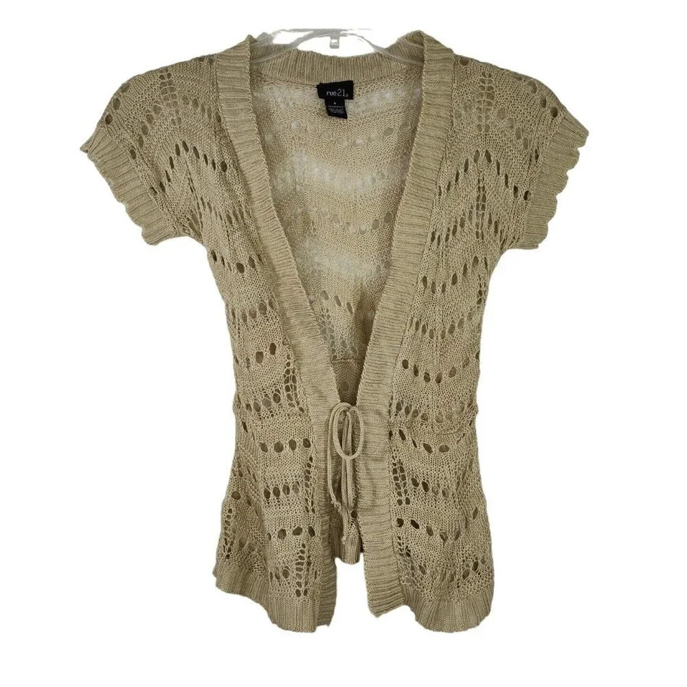 Rue 21 Open Knit Open Front Sweater Tie Closure Women Size S Brown Tan FLAW
